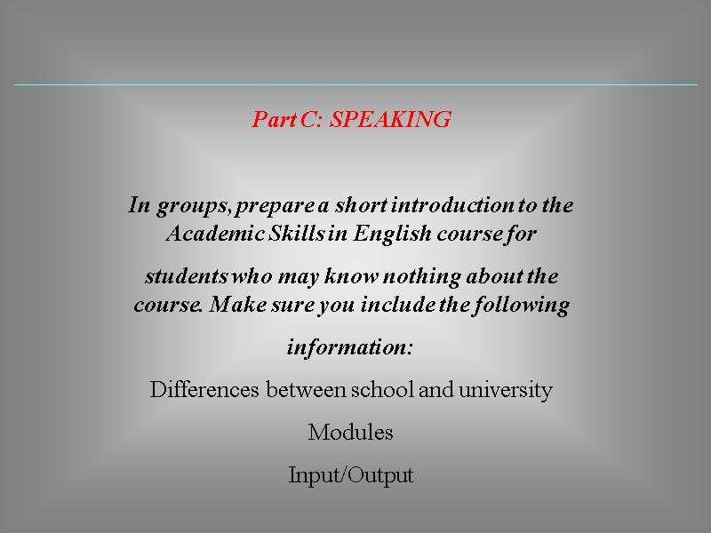 Part C: SPEAKING  In groups, prepare a short introduction to the Academic Skills